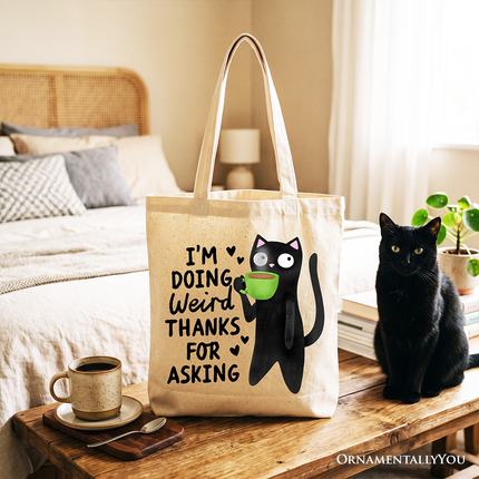 Coffee Black Cat Cute Tote Bag, I’m Doing Weird Funny Phrase Gift Shopper