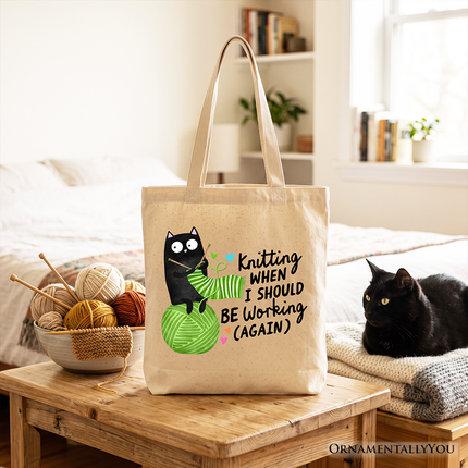 Knitting Black Cat Cute Tote Bag, Funny Working Crafter Phrase Gift Shopper