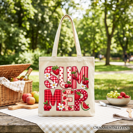 Strawberry Cherry Printed Faux Patchwork Tote Bag, Summer Fruit Picnic Gift Shopper - Dashing Nova