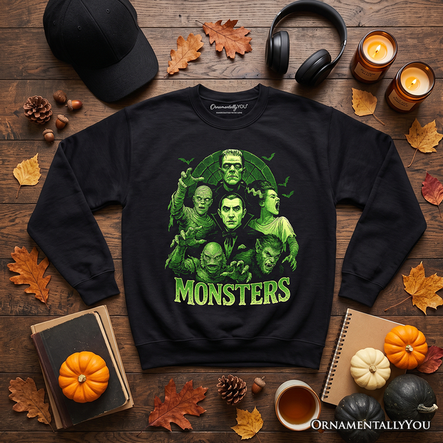 Green Retro Monsters Sweatshirt, Vintage Classic Horror Halloween Sweater - Dashing Nova