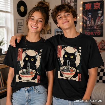 Kids Kawaii Anime Cat Eating Ramen T-Shirt, Noodle Japanese Art Style Tee for Youth - Dashing Nova