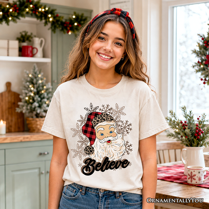 Kids Believe Santa Buffalo Plaid T-Shirt, Retro Christmas Youth Tee - Dashing Nova