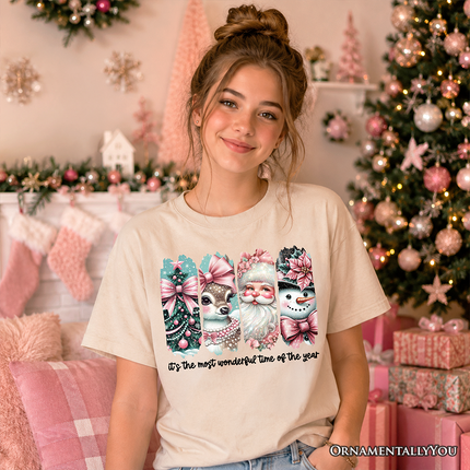 Kids Coquette Pink Christmas T-Shirt, It's The Most Wonderful Time Of The Year Vintage Tree, Reindeer, Santa and Snowman Youth Tee - Dashing Nova