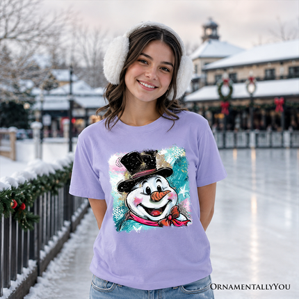 Kids Brushstroke Cute Snowman T-Shirt, Preppy Youth Merry Christmas Glitter Holiday Tee - Dashing Nova