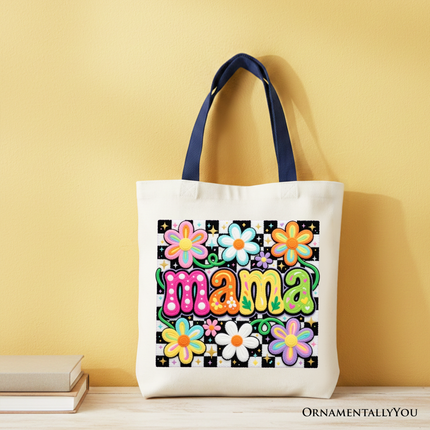 Retro Floral Mama Printed Faux Yarn Tote Bag, Colorful Mother's Day Gift Shopper - Dashing Nova