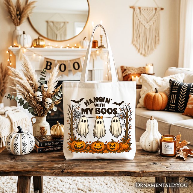 Boho Spooky Season Ghost Tote Bag, Cute Halloween Gift Shopper with Fall Pumpkins - Dashing Nova