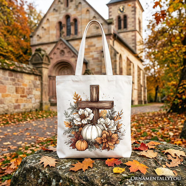 Christian Floral Pumpkin Cross Tote Bag, Boho Religious Fall Gift Shopper - Dashing Nova