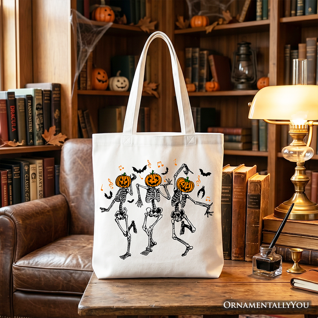 Dancing Skeletons with Pumpkin Head Tote Bag, Dry Bones Come Alive Halloween Fun Gift Shopper - Dashing Nova