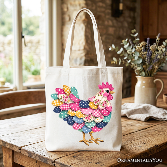 Floral Chicken Printed Faux Patchwork Tote Bag, Coquette Hen Farmhouse Gift Shopper - Dashing Nova