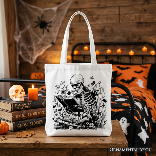 Gothic Reading Skeleton Tote Bag, Floral Halloween Gift Shopper for Spooky Bookworms - Dashing Nova