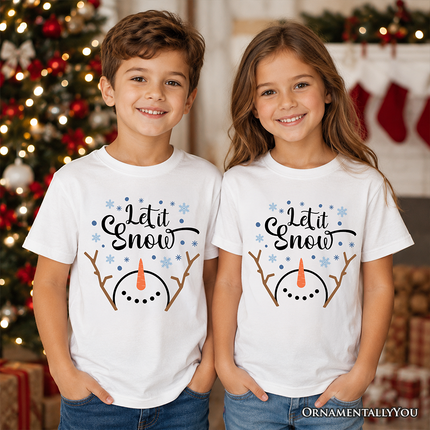 Kids Let It Snow Snowman T-Shirt, Snowflakes Minimalist Youth Tee for Winter Holiday Season - Dashing Nova