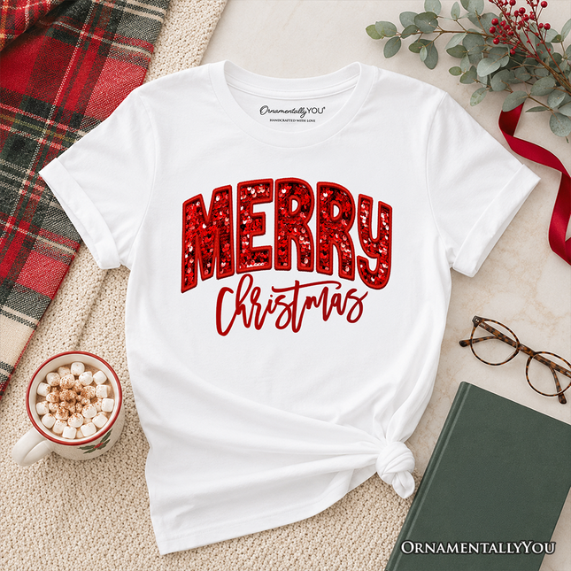Kids Merry Christmas Sequin T-Shirt, Bold Red Glitter Youth Tee for Festive Holiday Season - Dashing Nova