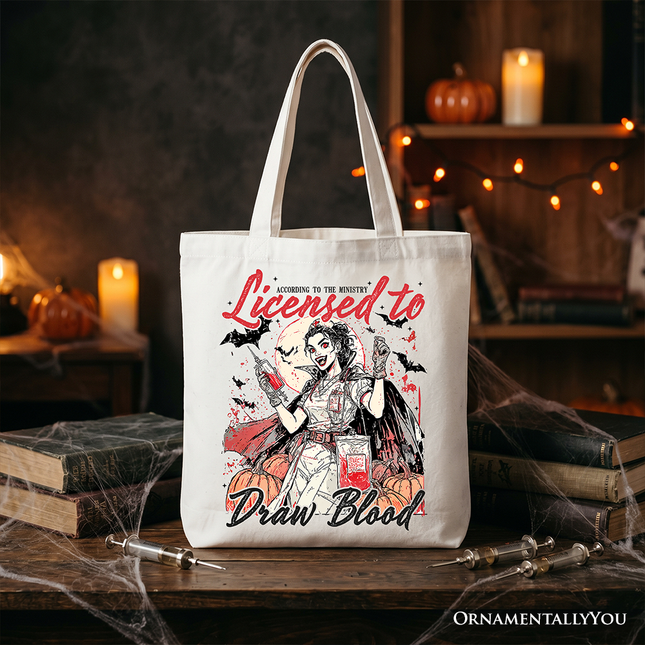 Licensed to Draw Blood Halloween Nurse Tote Bag, Groovy Gift Shopper for Spooky Season - Dashing Nova