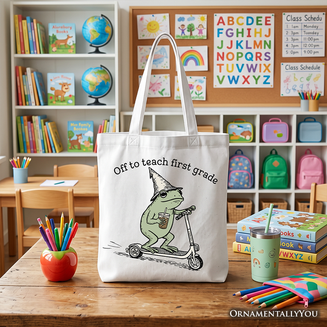 Off to Teach First Grade Frog Tote Bag, Funny Teachers Gift Shopper - Dashing Nova