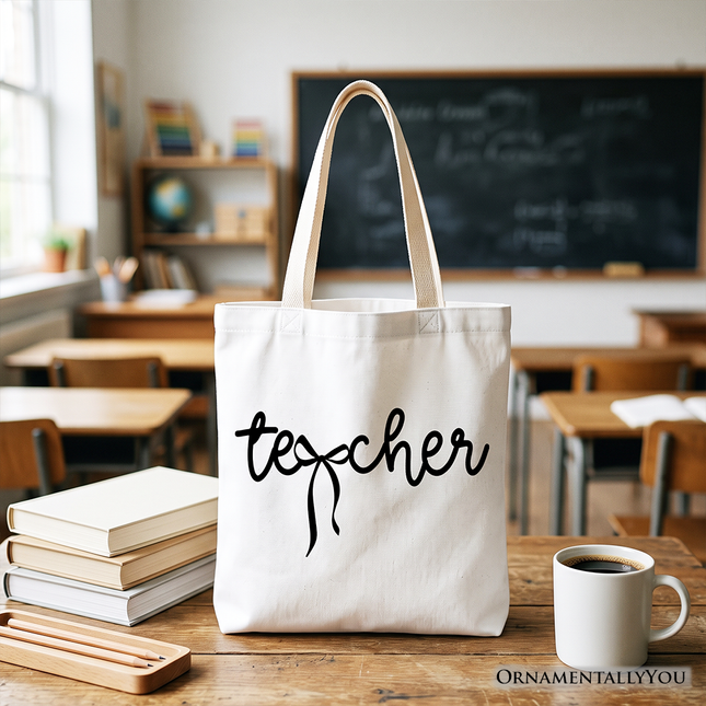 Teacher Coquette Bow Tote Bag, Minimalist Back to School Gift Shopper - Dashing Nova