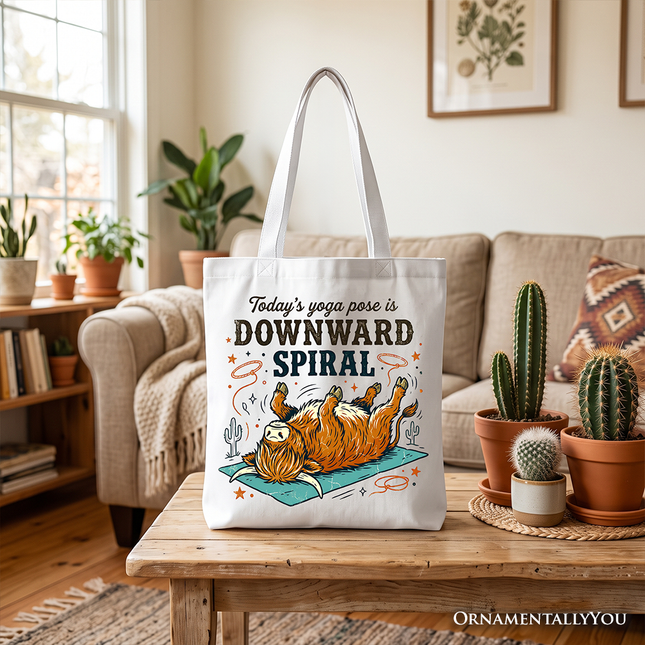 Yoga Highland Cow Tote Bag, Funny Downward Spiral Mental Health Gift Shopper - Dashing Nova