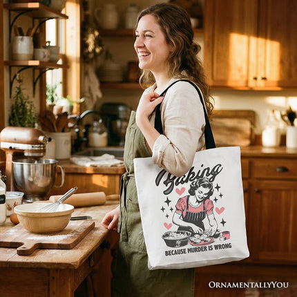 Baking Because Murder Is Wrong Anti-Valentine Tote Bag, Funny Retro Kitchen Gift Shopper - Dashing Nova