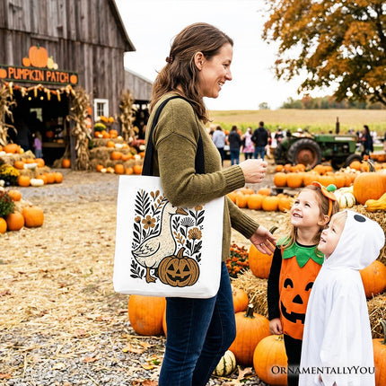 Boho Goose Halloween Pumpkin Tote Bag, Spooky Fall Floral Gift Shopper - Dashing Nova
