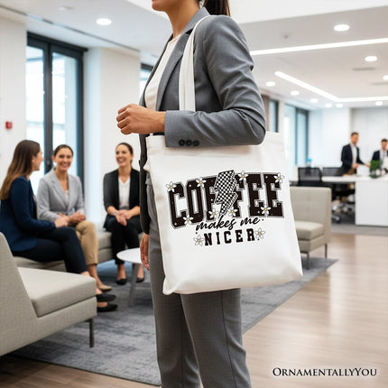 Coffee Makes Me Nicer Retro Tote Bag, Trendy Gift Shopper for Stylish Women and Caffeine Lovers - Dashing Nova