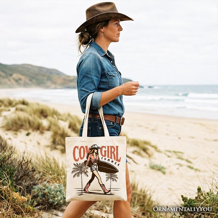 Cowgirl Summer Surf Tote Bag, Retro Western Beach Gift Shopper for Free-Spirited Women - Dashing Nova