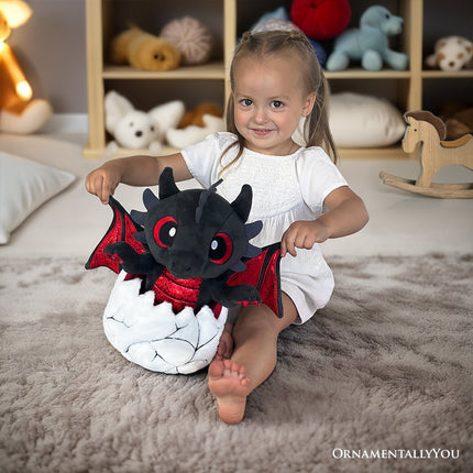 Drogo the Dino in an Egg Plushie, 12" Black and Red Dinosaur Stuffed Animal Gift for Boys and Teens