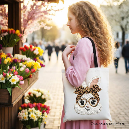 Easter Bunny Leopard Bow Tote Bag, Coquette Printed Faux Embroidery Girly Spring Gift Shopper - Dashing Nova