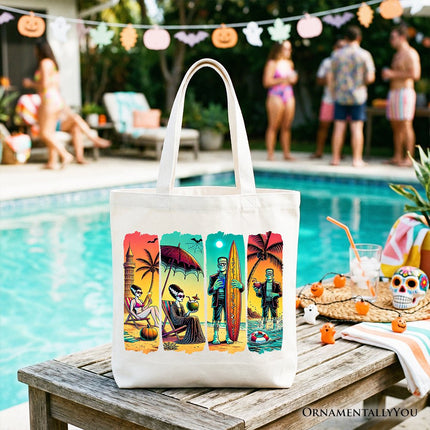 Frankenstein's Beach Vacation Tote Bag, Retro Neon Surf Style Gift Shopper for Horror Fans with Summer Vibes - Dashing Nova