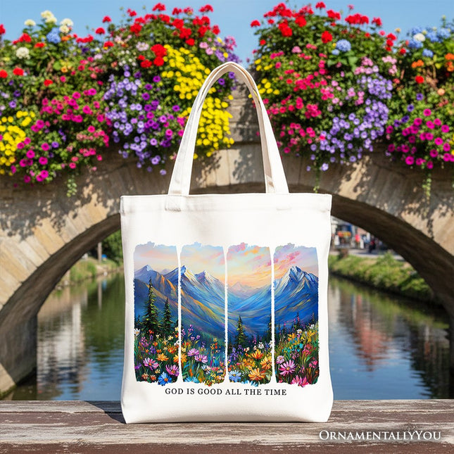 God Is Good All the Time Mountain Christian Canvas Tote Bag, Wildflower Brushstroke Bible Verse Faith Gift Shopper - Dashing Nova