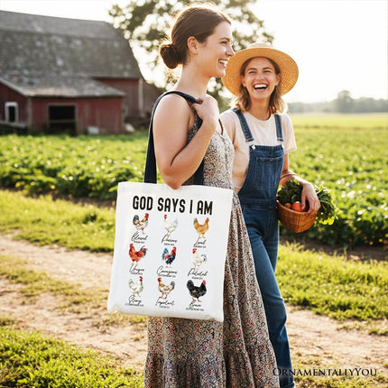 God Says I Am Christian Tote Bag, Rooster and Chicken Gift Shopper for Farm Style Lovers - Dashing Nova