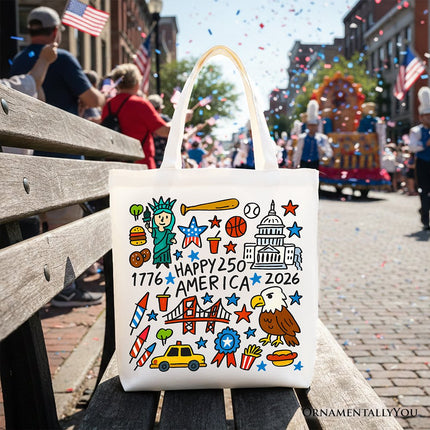 Happy 250 America Doodle Tote Bag, Patriotic USA 1776-2026 250th Anniversary Gift Shopper - Dashing Nova