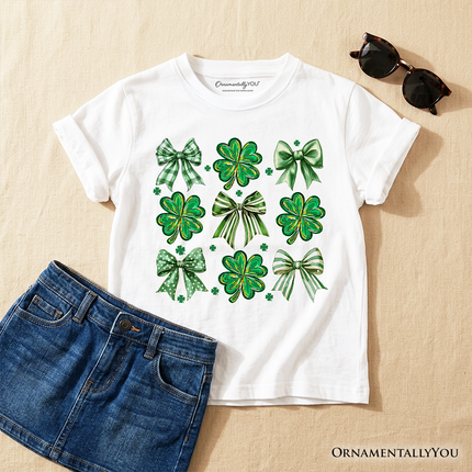 Kids Coquette Clover Bows St Patrick's Day T-Shirt, Green Irish Lucky Shamrock Tee for Youth - Dashing Nova