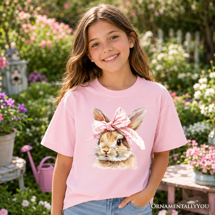 Kids Easter Bunny Coquette Pink Bow T-Shirt, Cute Watercolor Spring Tee for Youth Girls - Dashing Nova