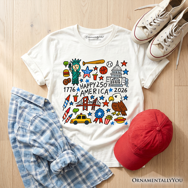 Kids Happy 250 America Doodle T-Shirt, Youth Patriotic USA 1776-2026 250th Anniversary Tee - Dashing Nova