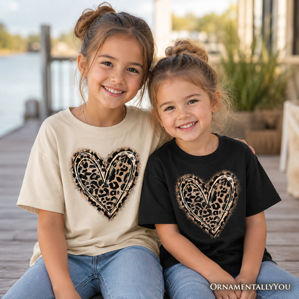 Kids Leopard Heart Valentine T-Shirt, Watercolor Love Tee for Youth - Dashing Nova