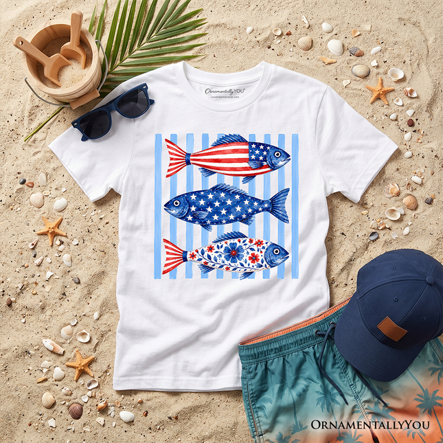 Kids Patriotic Fish Striped T-Shirt, 4th of July Beach Youth Tee - Dashing Nova
