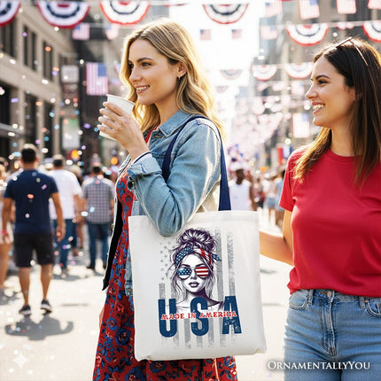 Made in America Messy Bun Tote Bag, Retro 4th of July White Patriotic Gift Shopper - Dashing Nova