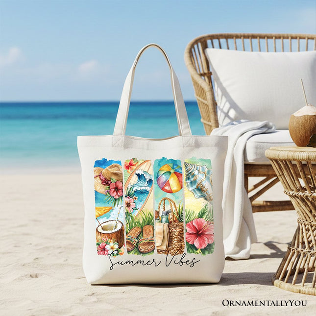 Summer Vibes Canvas Tote Bag, Beach Gift Shopper with Coconut and Flowers - Dashing Nova