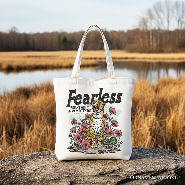 Vintage Floral Leopard Christian Canvas Tote Bag, Fearless For My God Is Always With Me Isaiah 41:10 Gift Shopper - Dashing Nova