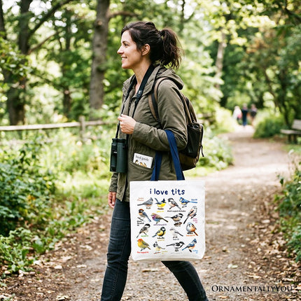 Whimsical Bird Tit Tote Bag, Funny Birdwatcher Gift Shopper Gift for Birder - Dashing Nova
