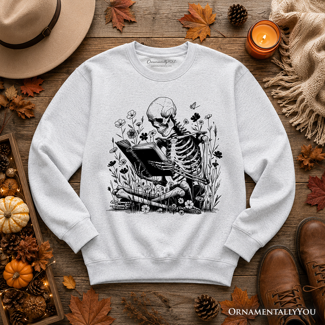 Gothic Reading Skeleton Sweatshirt, Floral Halloween Sweater for Spooky Bookworms - Dashing Nova