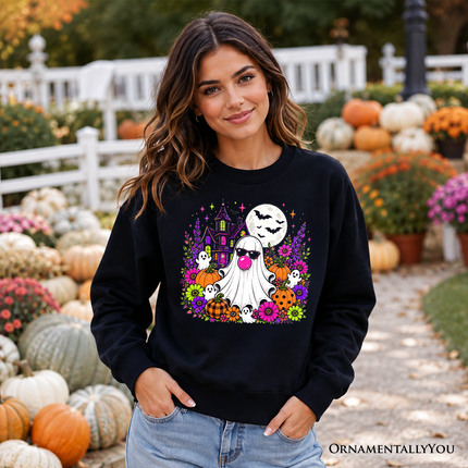 Bubblegum Ghost Haunted House Sweatshirt, Colorful Floral Halloween Pumpkin Sweater