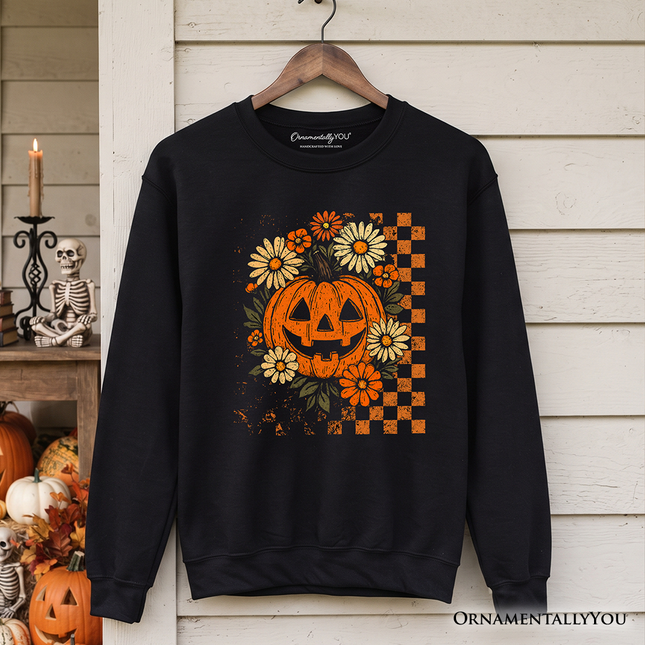 Checkered Floral Pumpkin Sweatshirt, Retro Preppy Halloween Sweater for Spooky Season Vibes - Dashing Nova