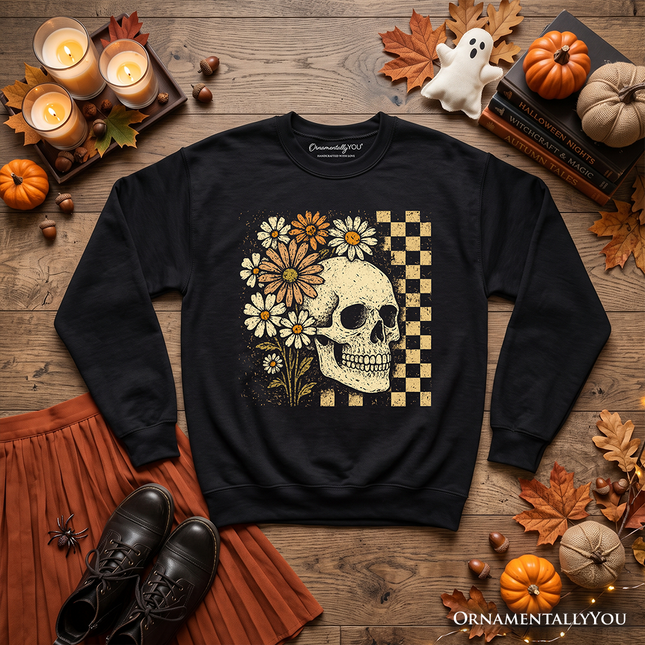Checkered Floral Skeleton Sweatshirt, Vintage Skull Daisy Halloween Sweater - Dashing Nova