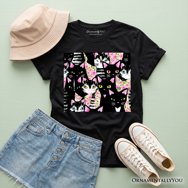 Floral Cat Pattern Kids T-Shirt, Cute Kitten Collage Tee for Youth Girls - Dashing Nova