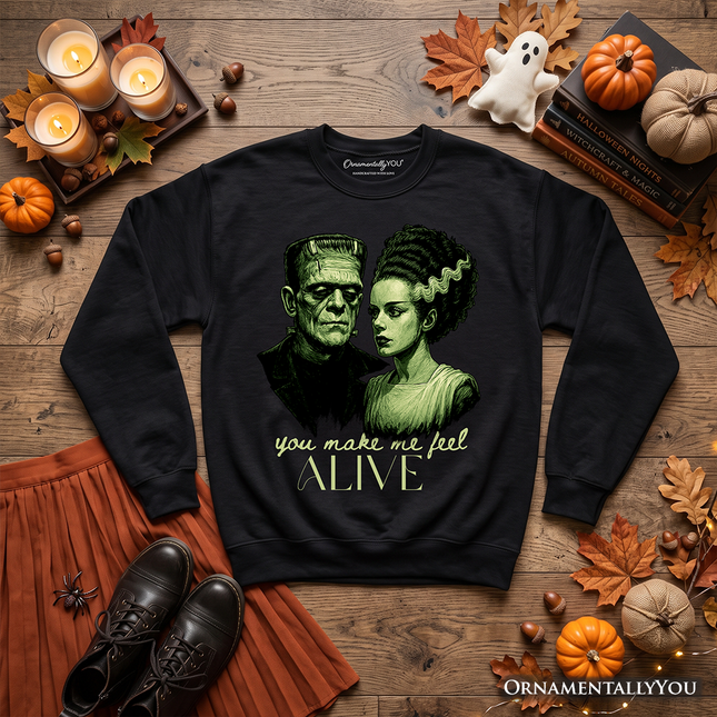 Frankenstein And Bride You Make Me Feel Alive Sweatshirt, Valentine Retro Horror Couples Love Sweater - Dashing Nova