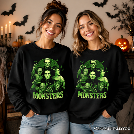 Green Retro Monsters Sweatshirt, Vintage Classic Horror Halloween Sweater