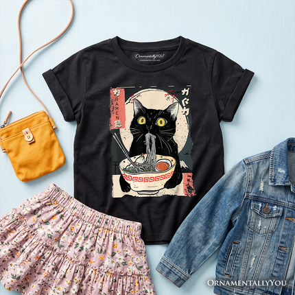 Kids Kawaii Anime Cat Eating Ramen T-Shirt, Noodle Japanese Art Style Tee for Youth - Dashing Nova