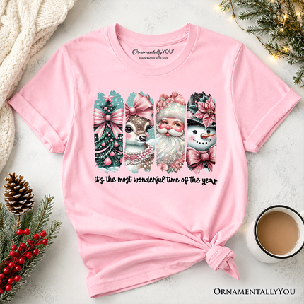 Kids Coquette Pink Christmas T-Shirt, It's The Most Wonderful Time Of The Year Vintage Tree, Reindeer, Santa and Snowman Youth Tee - Dashing Nova