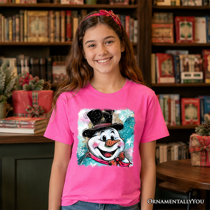 Kids Brushstroke Cute Snowman T-Shirt, Preppy Youth Merry Christmas Glitter Holiday Tee - Dashing Nova