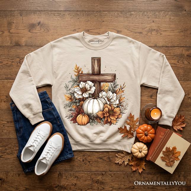 Christian Floral Pumpkin Cross Sweatshirt, Boho Religious Fall Sweater - Dashing Nova